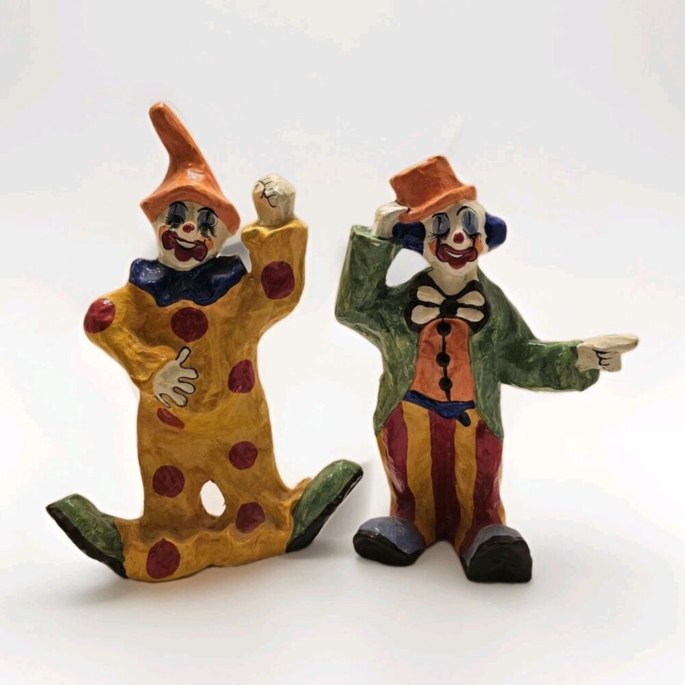 Mexican VTG 70s Art Paper‎ Mache Clown Set of 2 Clown Figurines 14"